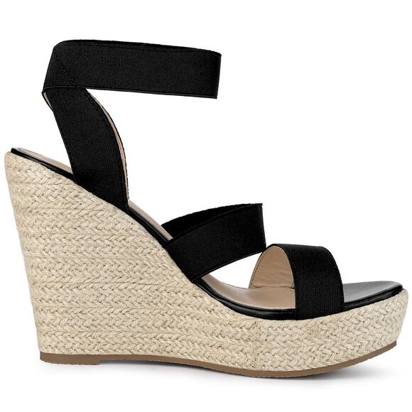 Women's Platform Slingback Elastic Strap Espadrille Wedges Heel Sandals Black - Picture 5 of 5